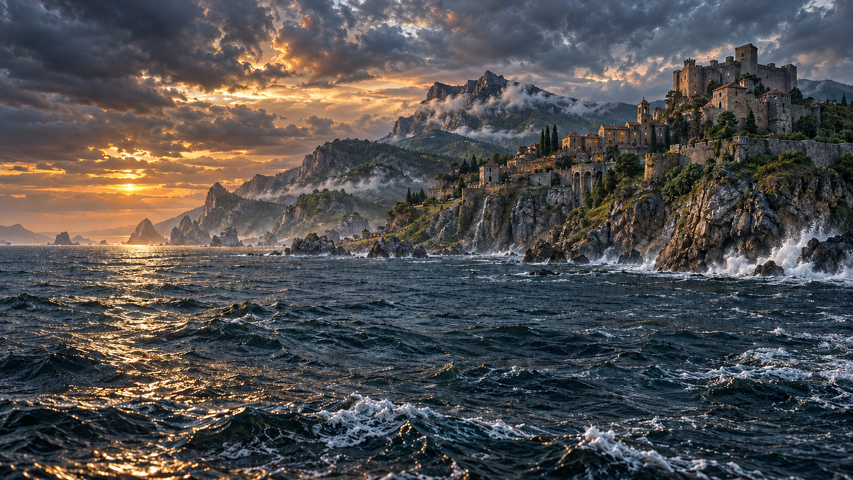 Arte conceptual realista de TAVARA vista desde el mar, con costa, bosque y arquitectura medieval; no es una captura del juego.